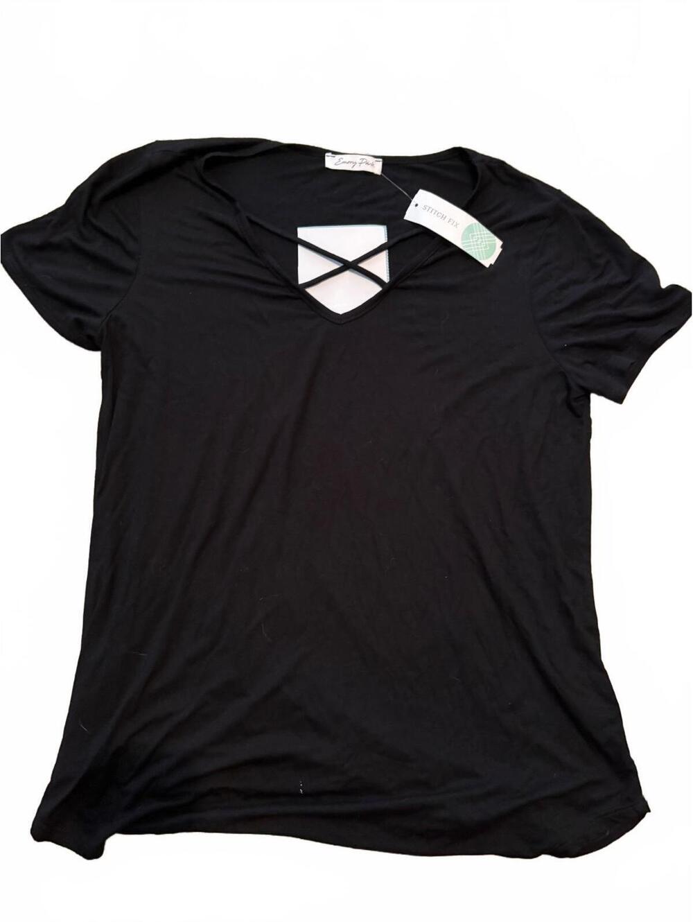 NWT Emory Park Black Short Sleeve Top with Crisscross Neck Detail - Large